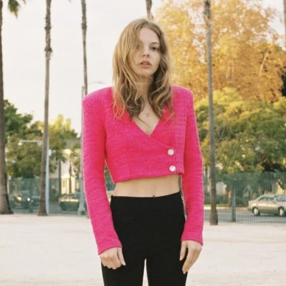 NWT ZARA NEW WOMAN SS22 FUCHSIA TEXTURED Weave CROP TOP 4661 Sz Small Tweed - Picture 1 of 8